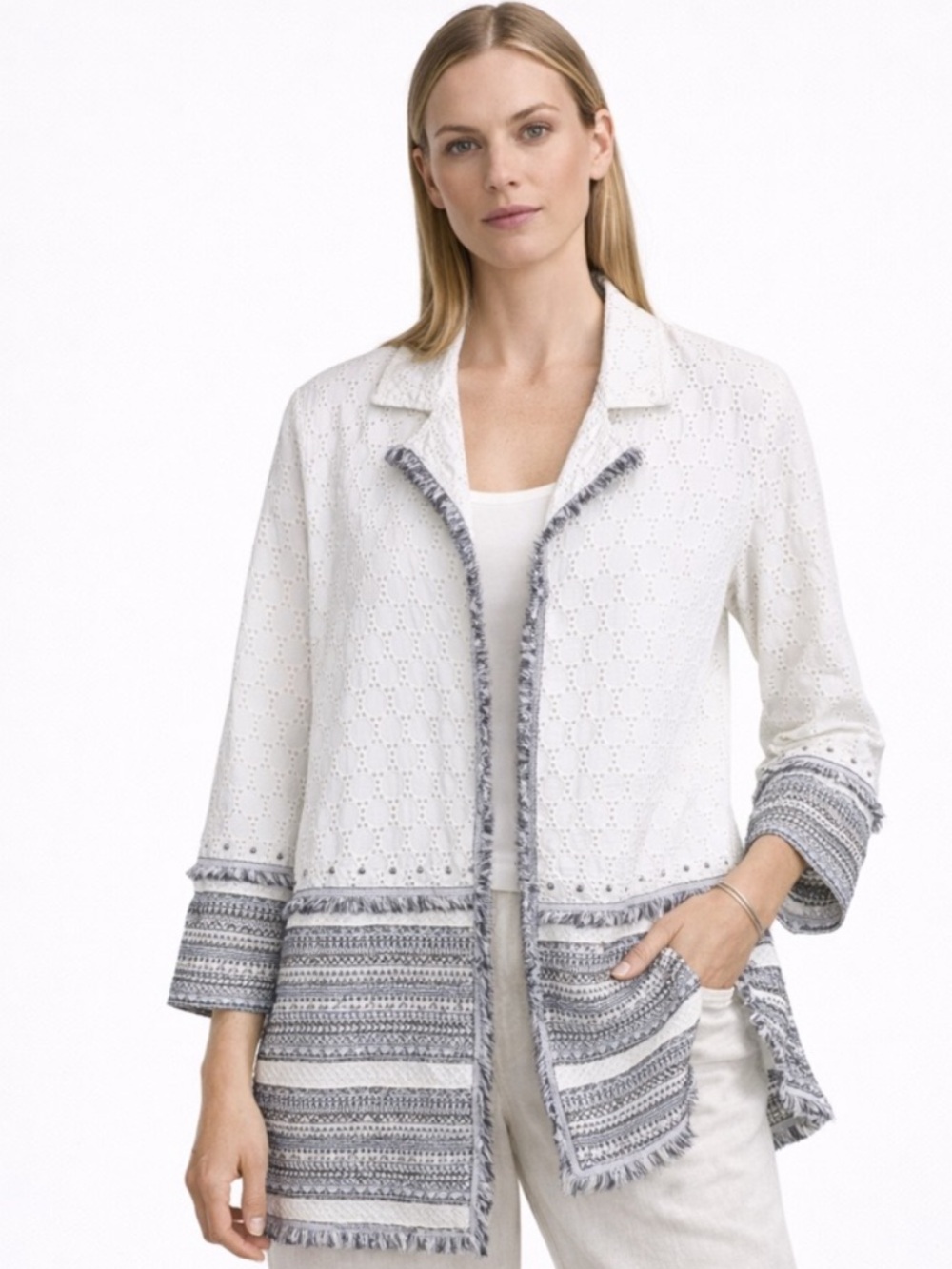 Chico’s New Cotton Eyelet White Embellished Trim Boho Topper Jacket Womens Large
